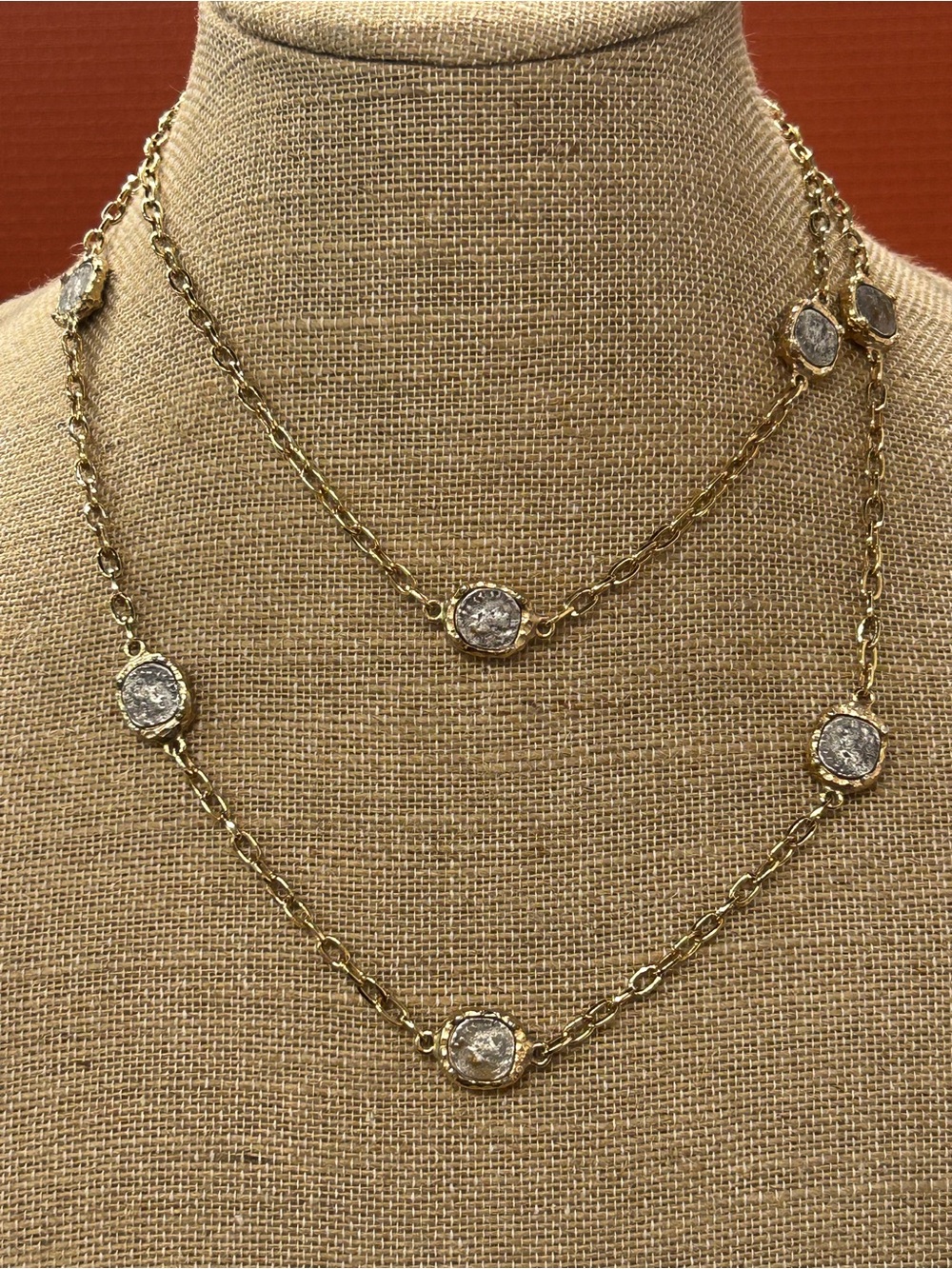 Luxurious TAT2 14k gold plated vintage style coin necklace 20” long